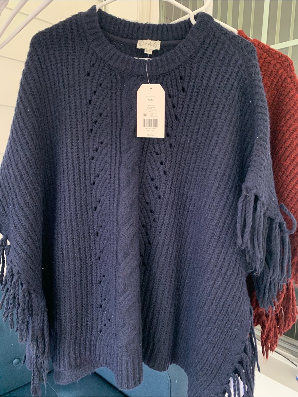 Wonderly Fringe Knit Poncho in Blue & Red